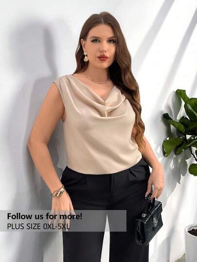 Firerie Plus Elegant Apricot Sleeveless Blouse With Asymmetric Ruched Collar For Women, Simple And Chic Design Suitable For Wedding, Dating, Daily Commute And Work Office, Spring/Summer