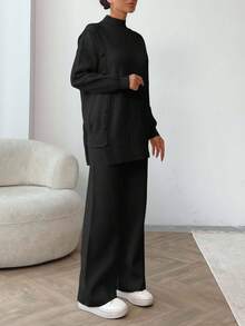 EURMUSE Conjunto de suéter y pantalones de mujer con cuello alto simulado, botones y hombros caídos, en color liso - Negro - Ver 5