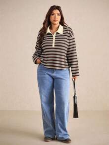 Elaquor 大码休闲简约百搭百搭条纹撞色 Polo 领 T 恤女士 - 咖啡棕 - 查看 1