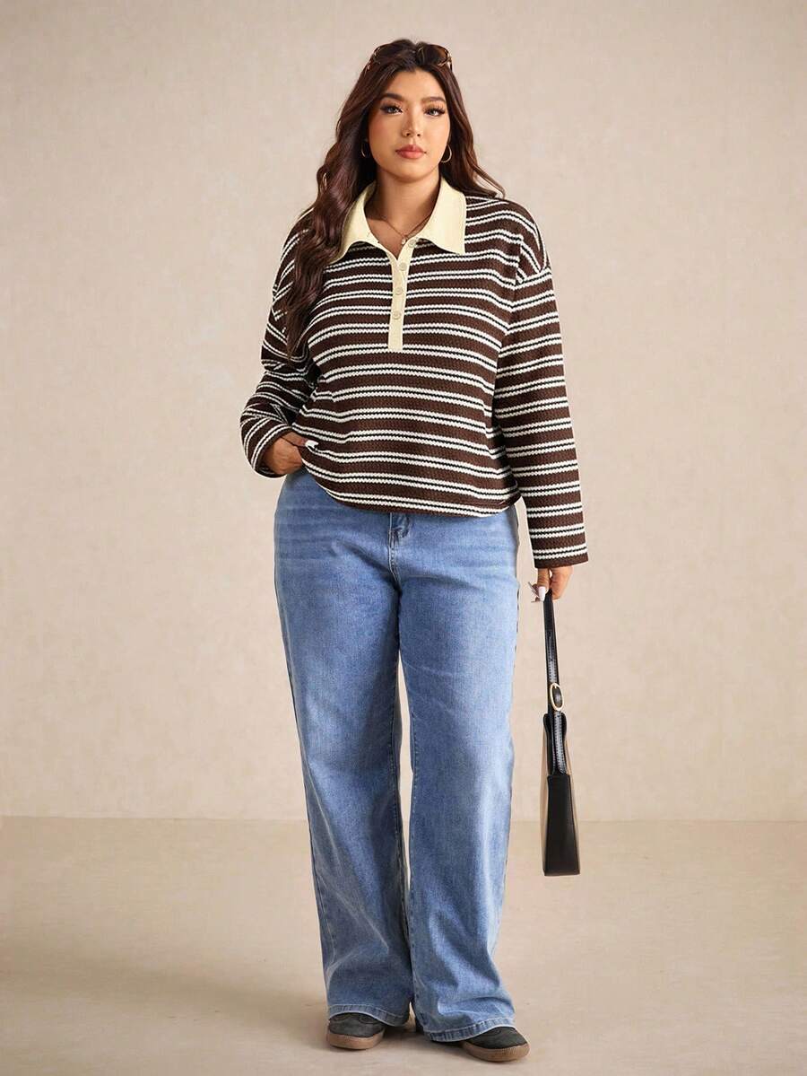 Elaquor 大码休闲简约百搭百搭条纹撞色 Polo 领 T 恤女士 - 咖啡棕 - 查看 1