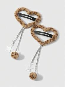 ROMWE Kawaii 2 pezzi Set di fermagli per capelli stile Y2K retrò e chic, decorati con stampa leopardata giallo-marrone lucida, cuore, catena cava d'argento, stella, palla soffice, di alta qualità e minimalista, adatti per uso quotidiano delle donne, regalo per le vacanze - marrone giallastro - Visualizzare 6