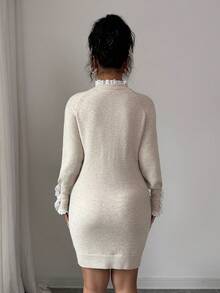 SHEIN PETITE Elegant Long Sleeve Twist Rope Crew Neck Lace Trim Apricot Knit Sweater Dress For Commuting, Autumn/Winter - Apricot - View 2