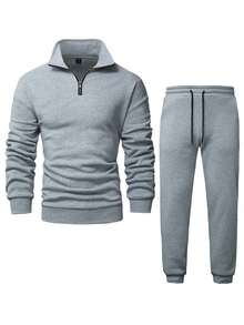 Manfinity Homme 男士纯色拉链半开襟卫衣和运动裤休闲两件套运动服，适合慢跑、健身等运动场合。 - 灰色 - 查看 4