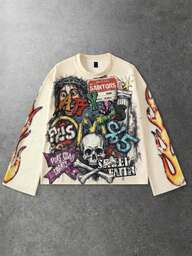 Street Life T-shirt à manches longues imprimé squelette pour hommes, style de rue vintage