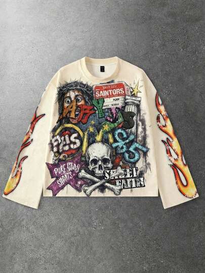 Street Life T-shirt à manches longues imprimé squelette pour hommes, style de rue vintage