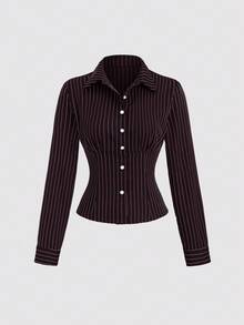 Sweetra Áo cánh tay dài họa tiết kẻ sọc cổ bẻ thời trang, màu sắc tương phản, ôm sát eo, tôn dáng cho nữ - Cà phê nâu - Xem 2