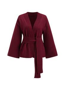 Ellevyn 秋冬女式纯色长袖系腰针织开衫