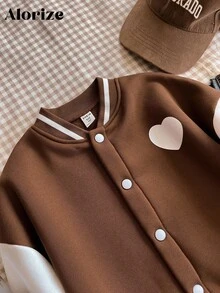 SHEIN Kurtka baseballowa dla dziewcząt w wieku 1/2 lat, uniwersalna, na co dzień, z motywem kapibary, z polarową podszewką, w stylu casualowym i patchworkowym, z motywem kapibary, jesień/zima