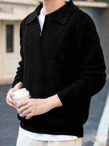 Claim Dot 1 pieza Suéter casual de manga larga con cuello, de punto acanalado y cremallera de 1/4, para hombres, para salir, amigos, para otoño e invierno - Gris - Ver 4