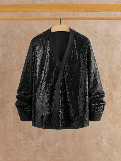 HIMLAND Herren Einfarbiges Hemd mit Kreuz-Pailletten-Front und Knöpfen, Langarm, Lässig