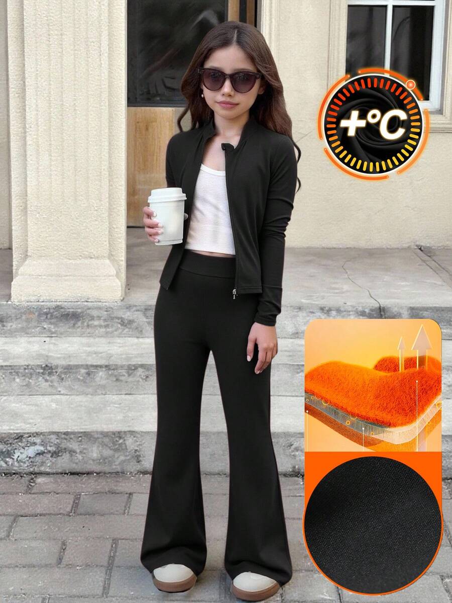 SHEIN 少女休闲纯色咖啡棕色长袖上衣T恤和喇叭裤两件套，适合秋冬季日常穿着 - 黑色 - 查看 1