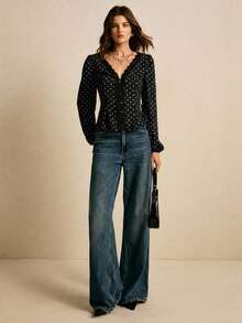 Poéselle 女士V领蕾丝拼接长袖波点腰部衬衫 - 黑色 - 查看 4