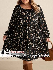 SHEIN CURVE+ Đầm cổ tròn tay dài họa tiết chấm bi cổ điển cỡ lớn, phù hợp cho mùa thu/đông - Nhiều màu - Xem 1