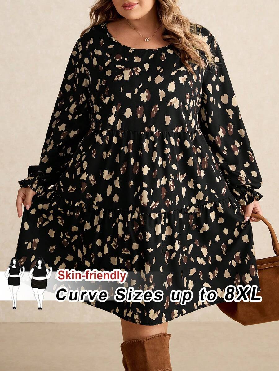 SHEIN CURVE+ Đầm cổ tròn tay dài họa tiết chấm bi cổ điển cỡ lớn, phù hợp cho mùa thu/đông - Nhiều màu - Xem 1