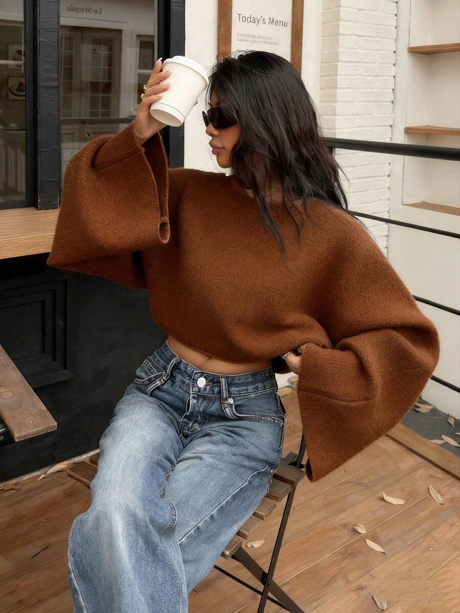 Zielony 2025 New Fashion Loose Casual Minimalist Knitted Sweater , Bell Sleeve Fall Sweater Coffee Brown Top - Chocolate Brown - View 1