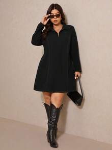 Elaquor Plus Size Casual Minimalist Navy Blue Loose Half-Zip Women Dress, Autumn/Winter - Black - View 6