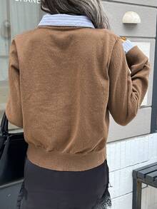 DAZY 女式撞色条纹拼布二合一休闲开衫 - 駝色 - 查看 5