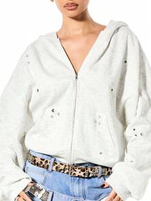 SUMWON WOMEN Oversized Boxy Zip Through Studded Hoodie With Metal Eyelets For Casual Winter Streetwear - Light Grey - View 6