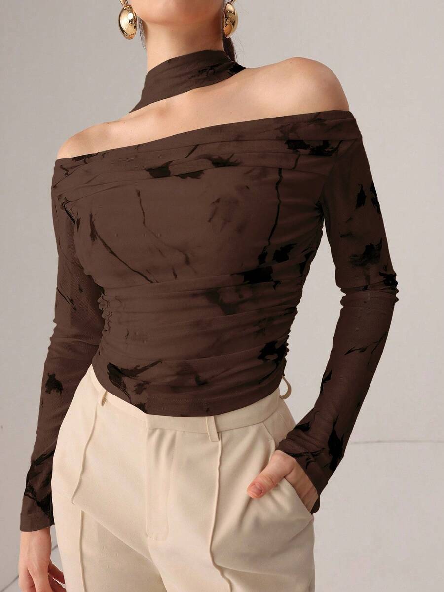 NOVVYNE 秋季针织性感透视网眼丝带印花T恤