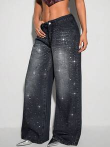 SHEIN ICON Women's Rhinestone Embellished Low-Waist Denim Jeans - Grey - View 4