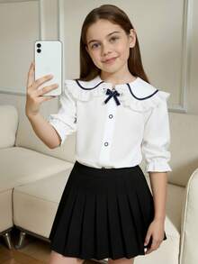 Mädchen Teenager Kollegial Lässig Bluse, mit Spitzen Peter Pan Kragen, Rüschensaum, Puffärmeln, Schleifenakzent - einzigartiges Design, akademischer Stil Kurzarmbluse