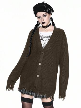 Damen Gothic Lässig V-Ausschnitt Distressed Saum Strick Cardigan Locker Jacke Top, Herbst/Winter