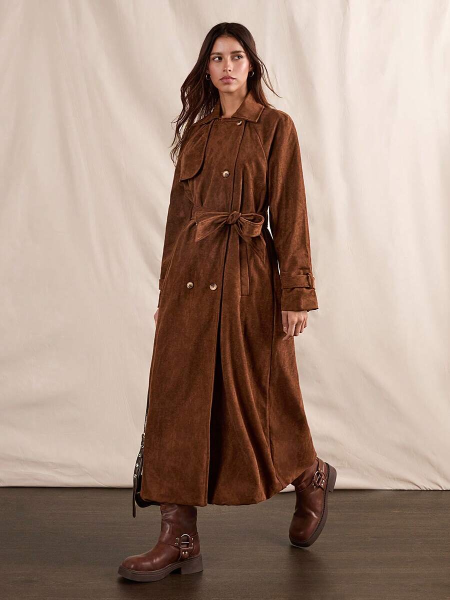 Easelle Western Vacation Brown Wool Belted Coat Coat Suede Brown Retro Nomadic Style Long Coat Fall Clothes Women Autumn And Winter Coat - Coffee Brown - View 1