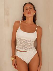 Swim Chiccia 2件套女士性感白色蕾丝薄纱荷叶边高腰比基尼泳衣，优雅沙滩度假泳装 - 白色 - 查看 6