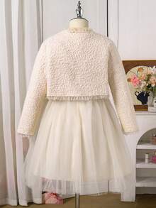 Sparklyn 女童薄纱荷叶边羊毛开衫背心和公主薄纱连衣裙套装，秋冬款 - 杏色 - 查看 3