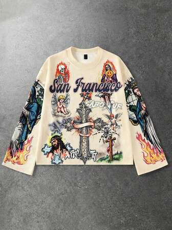 Street Life T-shirt à manches longues pour hommes avec imprimé croix graphique et figure, style de rue vintage