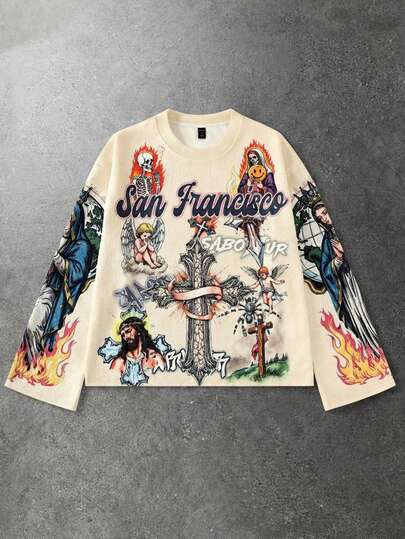 Street Life Men's Graphic Cross & Figure Print Long Sleeve T-Shirt, Vintage Street Style