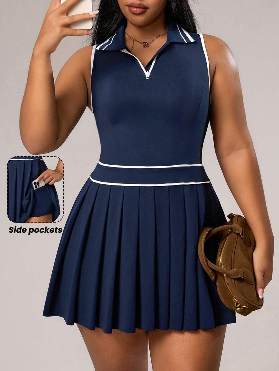 Rhythm Era 大码拼色褶皱无袖运动连衣裙