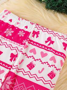 Bộ đồ ngủ cổ tròn tay dài in chữ Giáng sinh và quần legging cho bé gái tuổi teen - Hồng - Xem 5