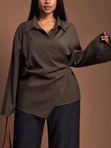 Veslaya 2025 New Autumn/Winter Coffee Brown Fold Collar Long Sleeve Blouse/Shirt, Suitable For Commuting, Casual, Layering, Jacket Pairing, Pants Pairing, Skirt Pairing, Versatile Item - Coffee Brown - View 6