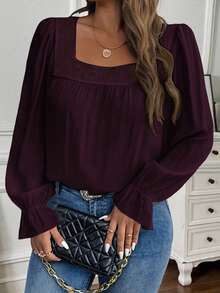 EMERY ROSE Plus Size Solid Color Square Neck Casual Pullover Long Sleeve Shirt - Purple - View 1