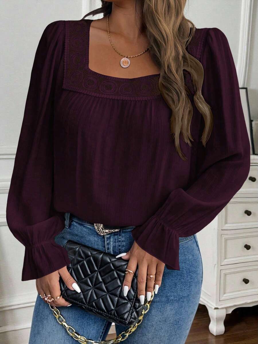 EMERY ROSE Plus Size Solid Color Square Neck Casual Pullover Long Sleeve Shirt - Purple - View 1
