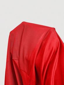 SHEIN MOD 纯色不对称领口褶皱扭结长裙 - 紅色 - 查看 5