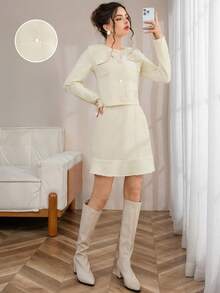 SHEIN LUNE 女士秋冬水钻纽扣厚针织长袖夹克和迷你裙套装，优雅百搭，适合派对、休闲聚会 - 黃色 - 查看 1