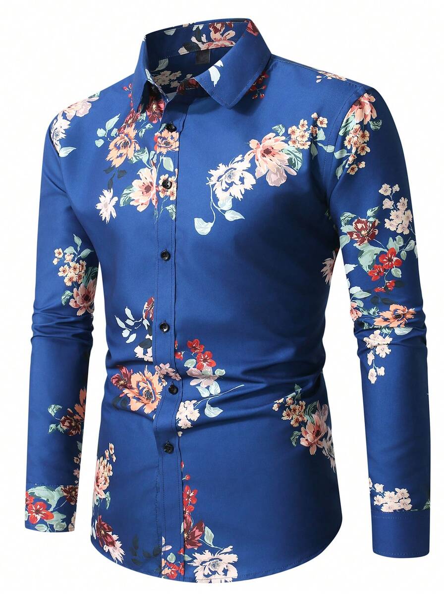 Manfinity AFTRDRK 男士印花长袖单排扣休闲衬衫 - 藏蓝色 - 查看 1