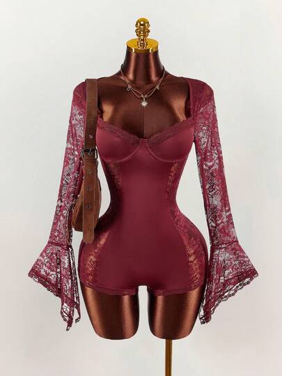  Y2K Amplova  Women's Sexy Contrast Lace Waist Red Cinching Women's Spaghetti Strap Bodysuit With Long Flare Sleeves And Sheer Side Panels , Autumn/Winter Thanksgiving And New Year