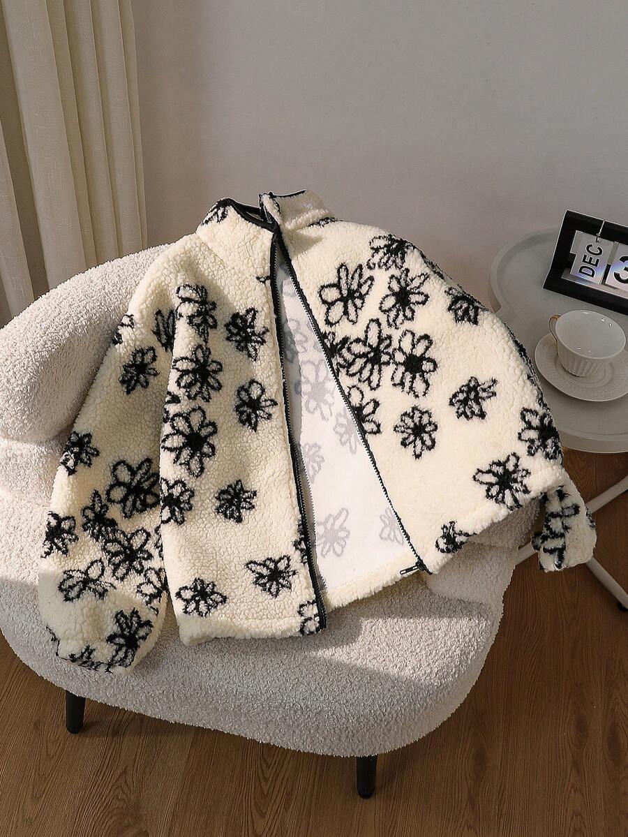 Genkimix Kids New Arrival Korean Style Tween Girl Floral Thermal Lined Zip-Up Jacket, Autumn/Winter - Black - View 1