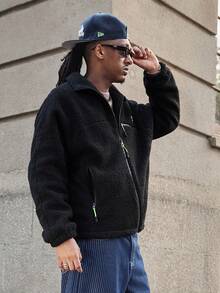 GALLERY FADE Men's Casual Fashion Street Stand Collar Zip-Up Teddy Fleece Jacket, Autumn/Winter - Black - View 4