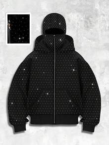 ROMWE MEN Street Life Fashionable Rhinestone Embellished Hooded Sweatshirt With Pockets, Zipper Front Sweatshirt Hoodie For Men , Fall Winter