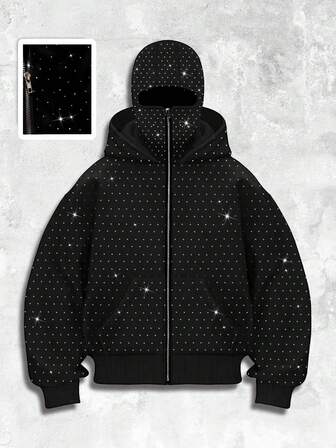 Street Life Fashionable Rhinestone Embellished Hooded Sweatshirt With Pockets, Zipper Front Sweatshirt Hoodie For Men , Fall Winter