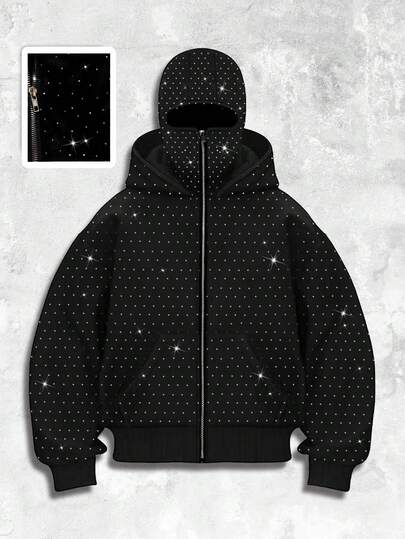 Street Life Fashionable Rhinestone Embellished Hooded Sweatshirt With Pockets, Zipper Front Sweatshirt Hoodie For Men , Fall Winter