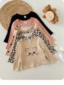 SHEIN Babygirl 可爱休闲针织豹纹卡通图案长袖上衣 - 彩色 - 查看 7