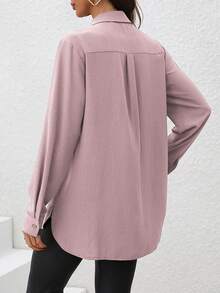 LanaWest Women's Solid Color Single-Breasted Cargo Pocket Casual Long Sleeve Shirt