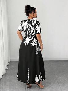 Elenzga Plus Size Women Elegant A-Line Waist Cinched Midi Dress, Flattering For Everyday & Commute - Black - View 2