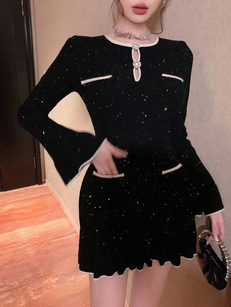 Autumn/Winter Loose Business Casual Commute Elegant Minimalist Fashion Contrast Color Sequin Metal Button Decor Flare Sleeve Ruffle Hem Short Dress, Suitable For Wedding, Party, Banquet, Hollow Out Knit Dress For Women Prom Dress Sweater Dress