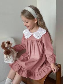 Emery Rose Kids Emery Rose Kids 兒童粉色夏季家庭套裝度假女童燈芯絨拼接蕾絲領長袖秋冬洋裝，休閒A字版生日服 - 藕粉色 - 查看 5